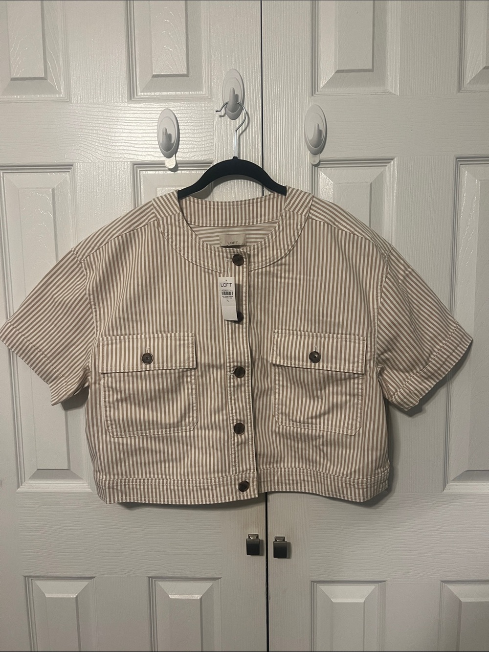 NWT LOFT Beige and White Striped Short-Sleeve Cropped Utility Jacket Size XL